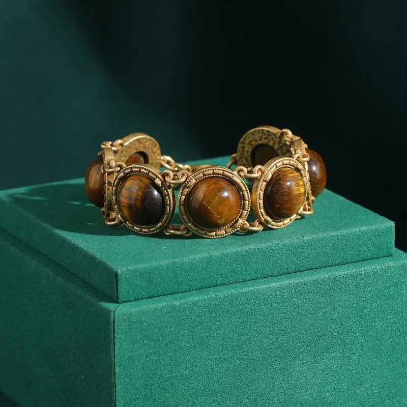 1950s Retro Hollywood Tiger Eye Bracelet – Gold-Plated Round Statement