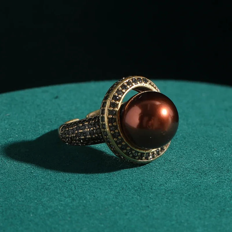 Luxury Vintage Red Copper Brown Pearl Ring