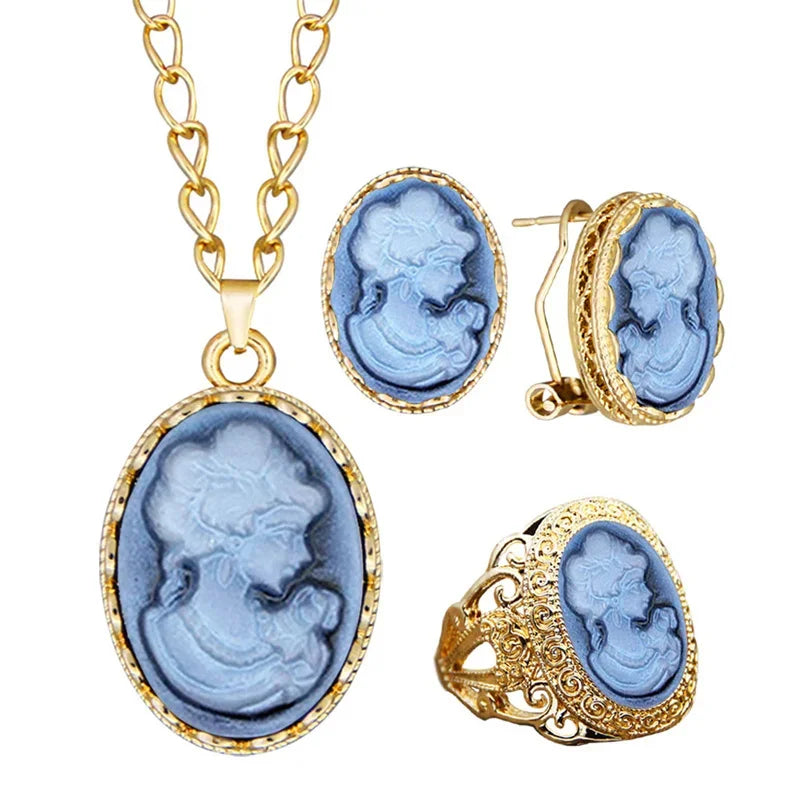 Lady Queen Cameo Jewelry Set (Necklace, Earrings & Ring)