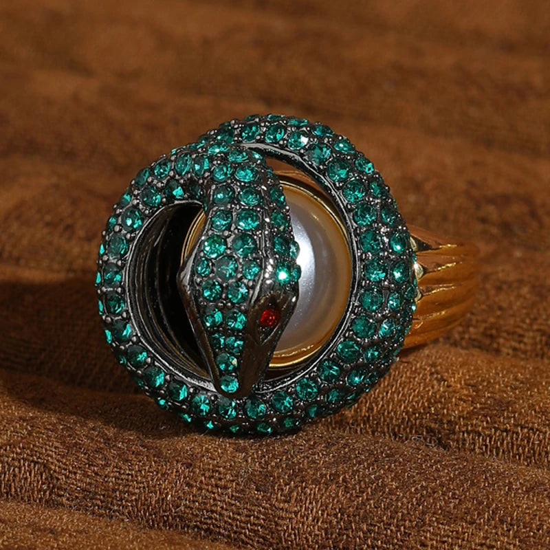 Vintage Green Rhinestone Snake Gold Plated Ring - Natural Stone Inlay