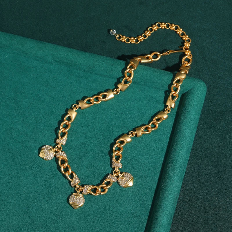 80s Power Glam Gold Heart Charm Necklace – Rhinestone Statement Chain