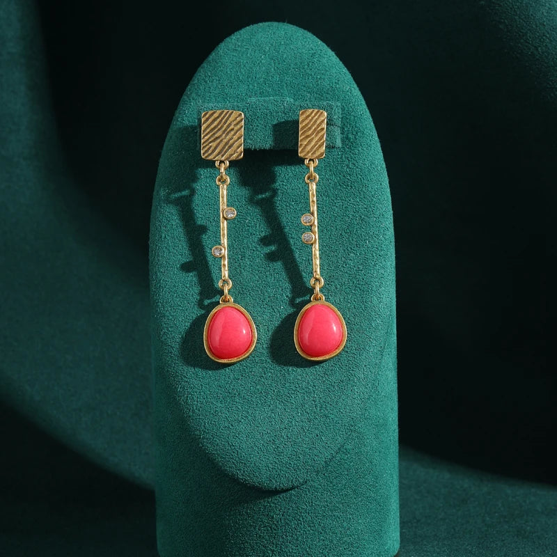 Vintage Red Water Drop Earrings with Natural Stone