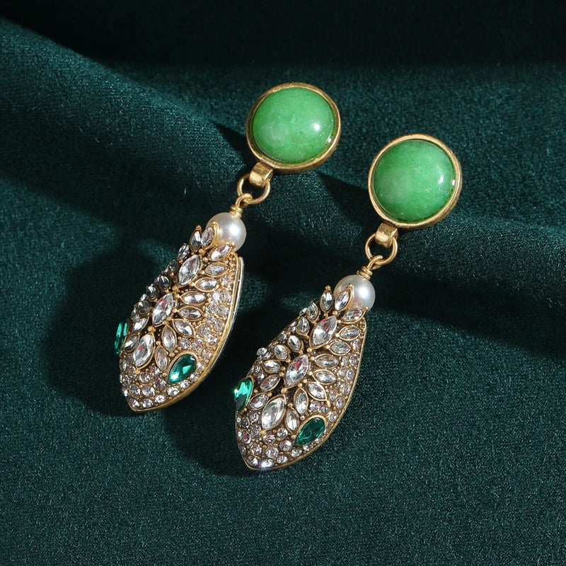Vintage Snake Head Earrings – Green Crystal Drop
