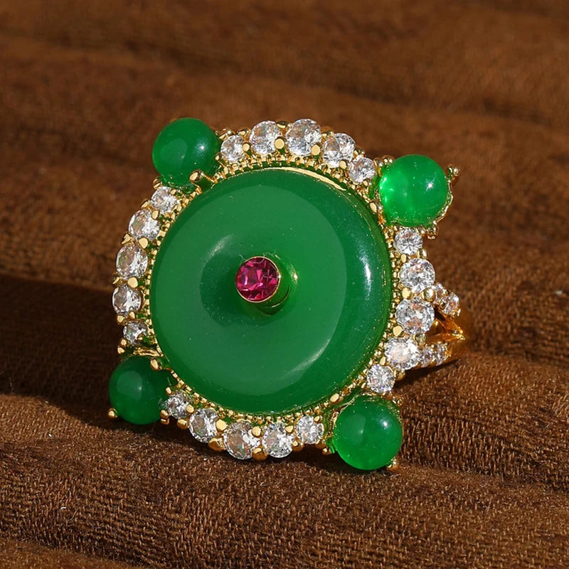 Vintage Jadeite Disc Gold-Plated Statement Ring – Adjustable
