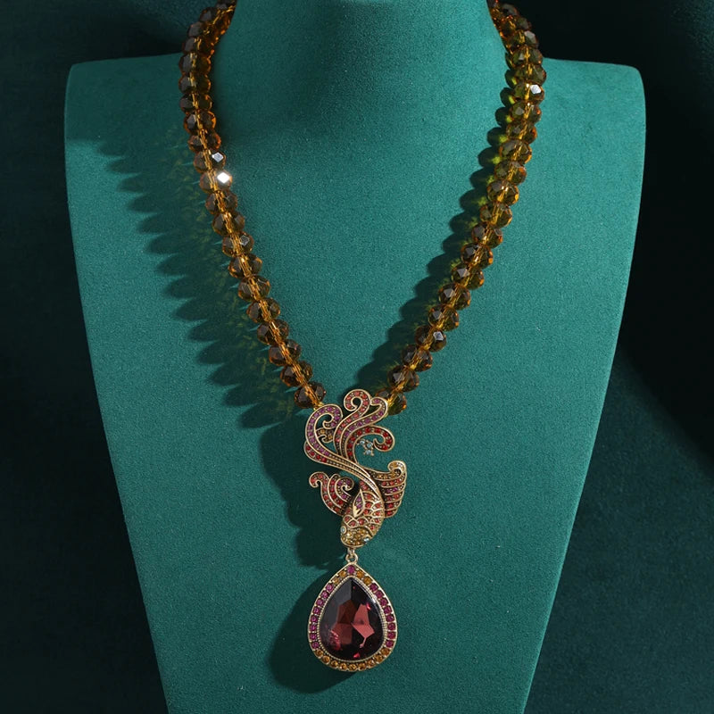 Vintage Purple Crystal Beaded Necklace with Water Drop Pendant