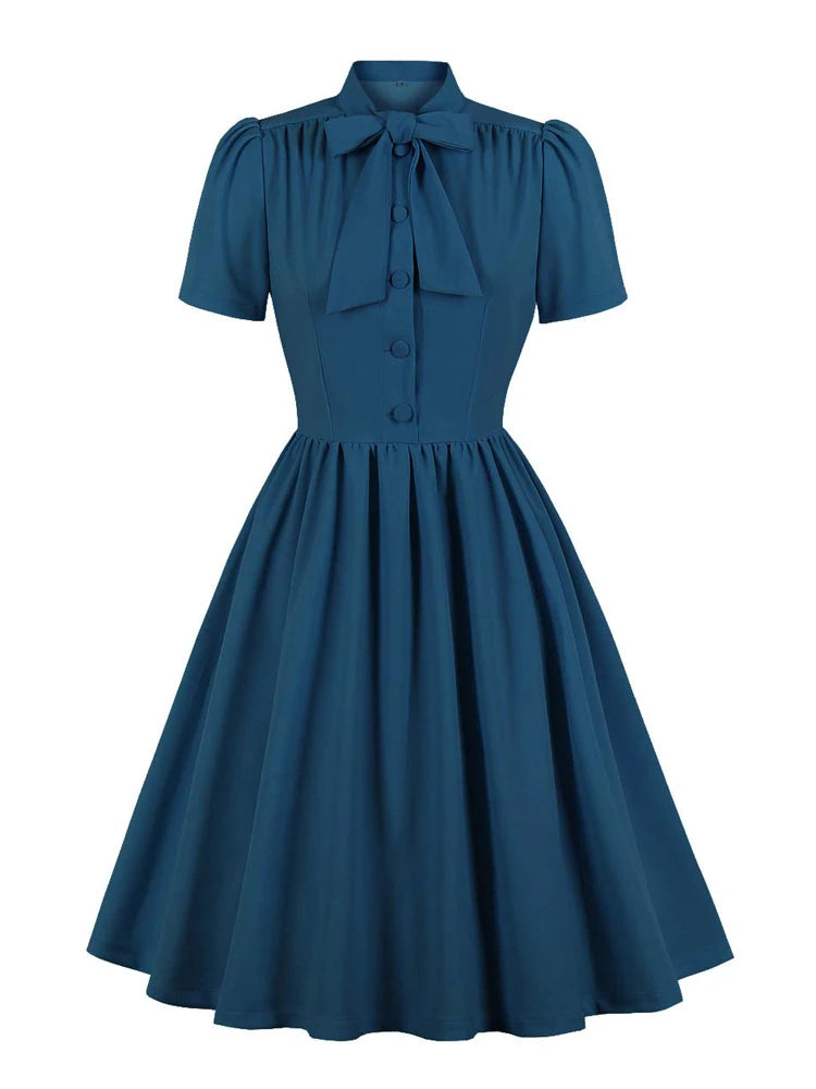 Vintage Inspired 1950s Bow Tie Neck Short Sleeve Swing Dress