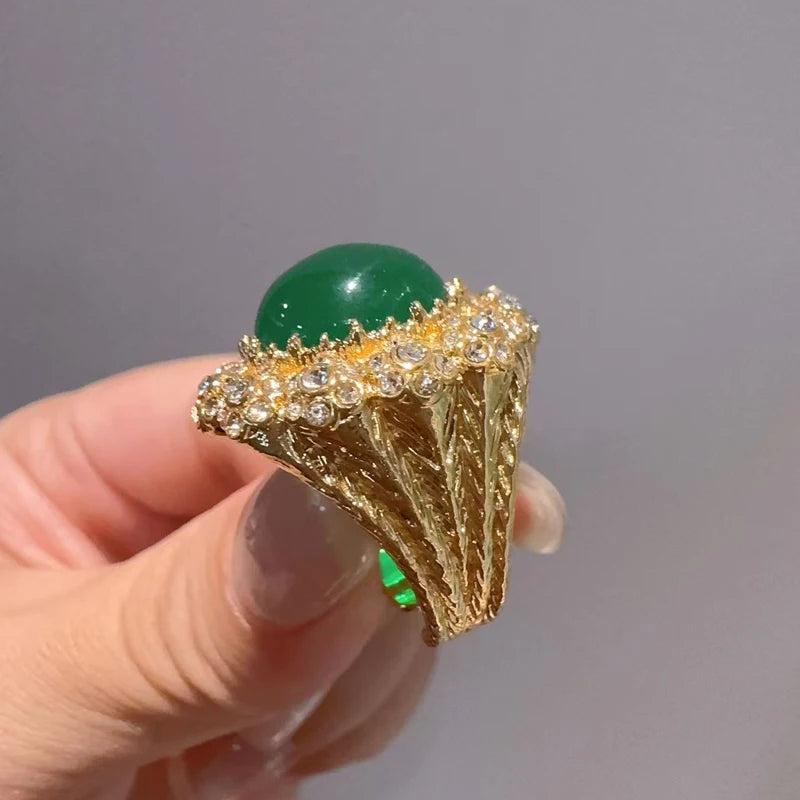 Vintage Jade & CZ Sunburst Ring – 18K Gold-Plated