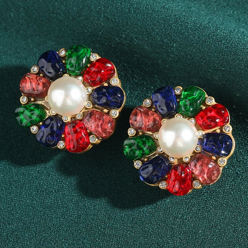 Vintage Colorful Pearl Flower Earrings – Glamour in Full Bloom