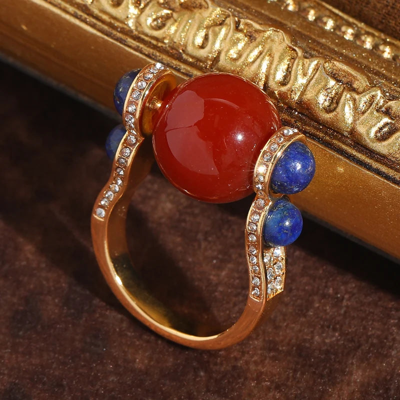 Vintage Carnelian & Lapis Orb Ring – 18K Gold-Plated