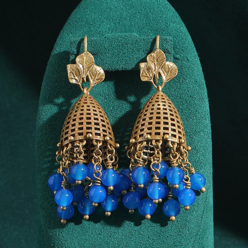 Vintage Birdcage Tassel Earrings – Blue Glaze & Sculptural Swing