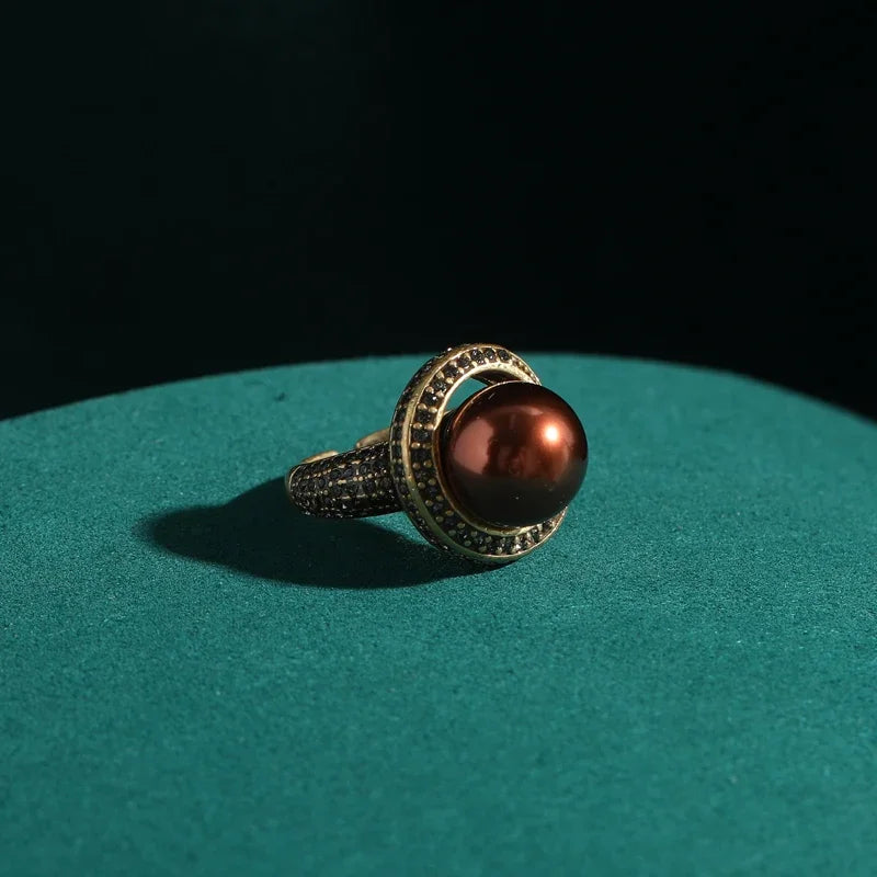 Luxury Vintage Red Copper Brown Pearl Ring