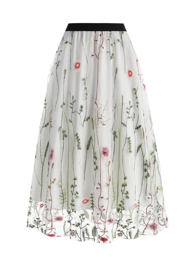 Enchanted Garden Embroidered Tulle Midi Skirt - Whimsical Floral Elegance