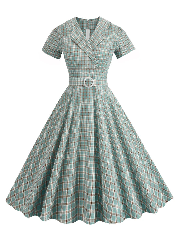 Chic Plaid V-Neck Vintage Swing Dress