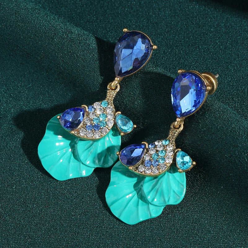 Art Deco Revival Blue Leaf Drop Earrings – Enamel &amp; Rhinestone Fan Statement Pair