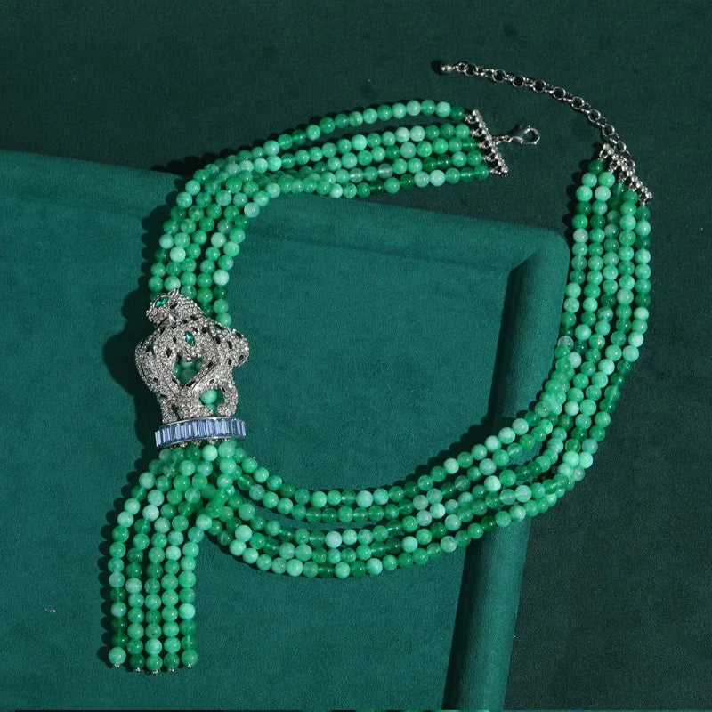 Statement Green Beads Necklace – Leopard Guardian & Crystal Fringe