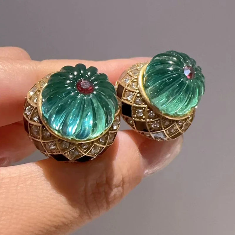 1950s Retro Hollywood Pumpkin Blue Earrings – Glazed Resin & Rhinestone Studs