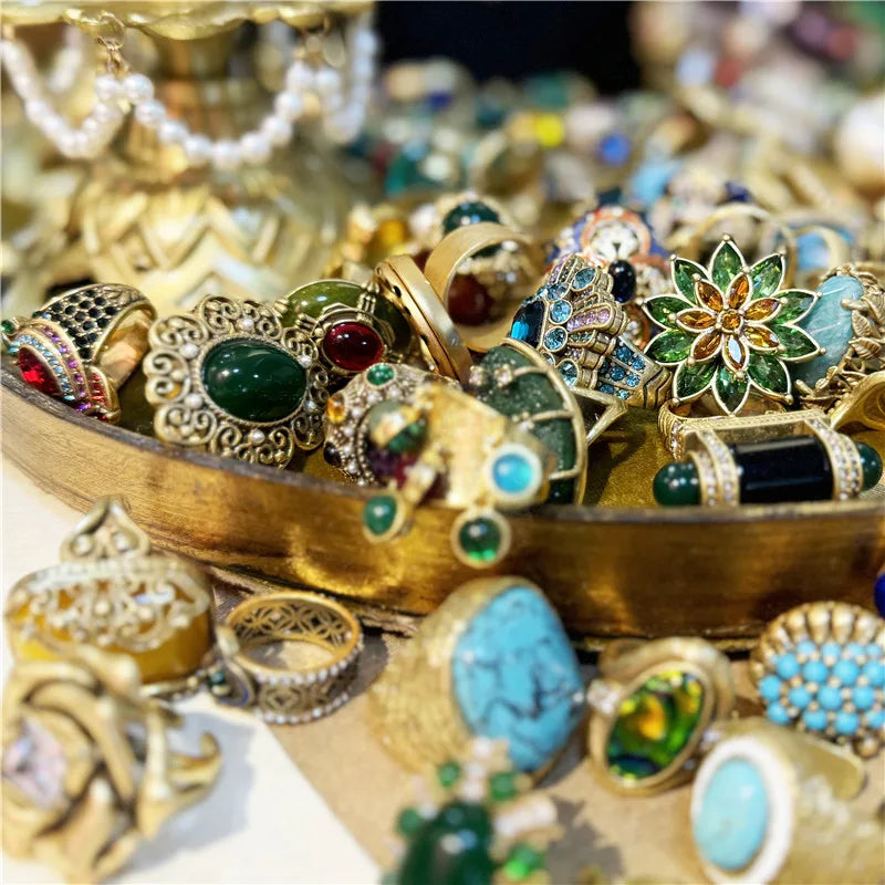 Vintage Big Gold Plated Snake Ring - Natural Stone Inlay