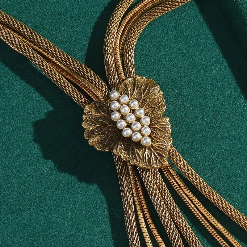 Vintage Gold Tone Tassel & Pearl Long Lariat Necklace