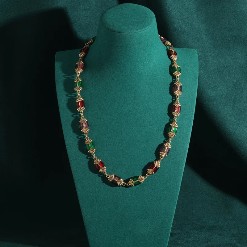 Art Deco Enamel & Natural Stone Choker Necklace – Geometric Beaded Statement