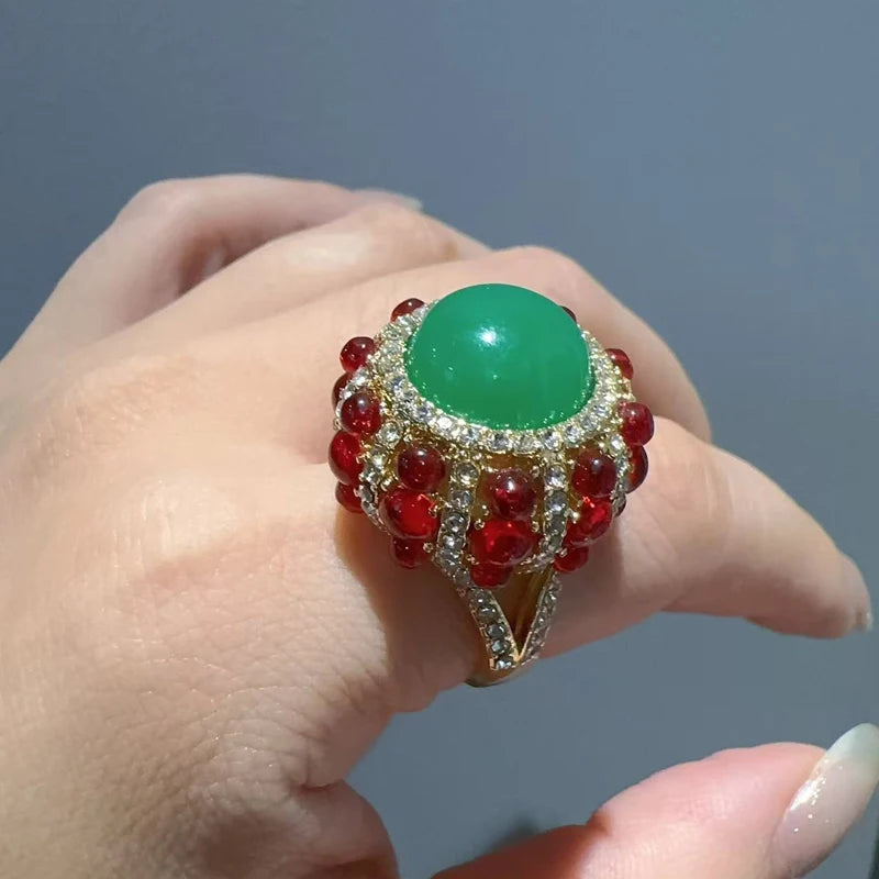 Vintage Green Agate & Red Glaze Gold-Plated Statement Ring – Adjustable