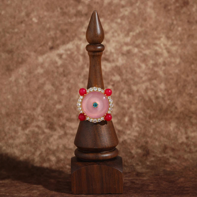 Vintage Rose Red Agate Pink Gold Plated Ring - Natural Stone & Knot Design