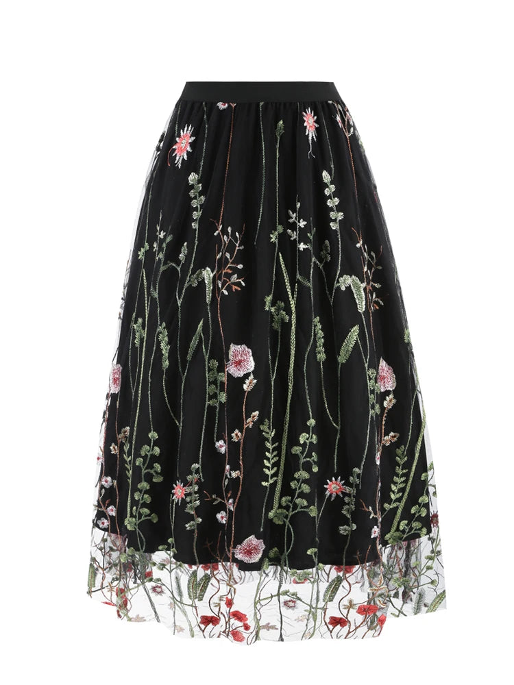Enchanted Garden Embroidered Tulle Midi Skirt - Whimsical Floral Elegance