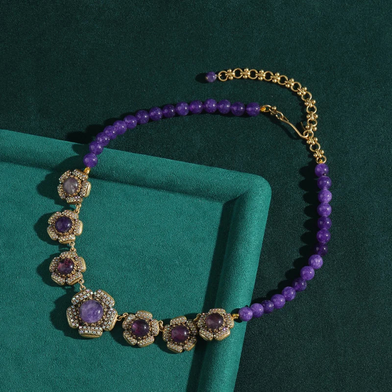Vintage Purple Glazed Beaded Choker Necklace