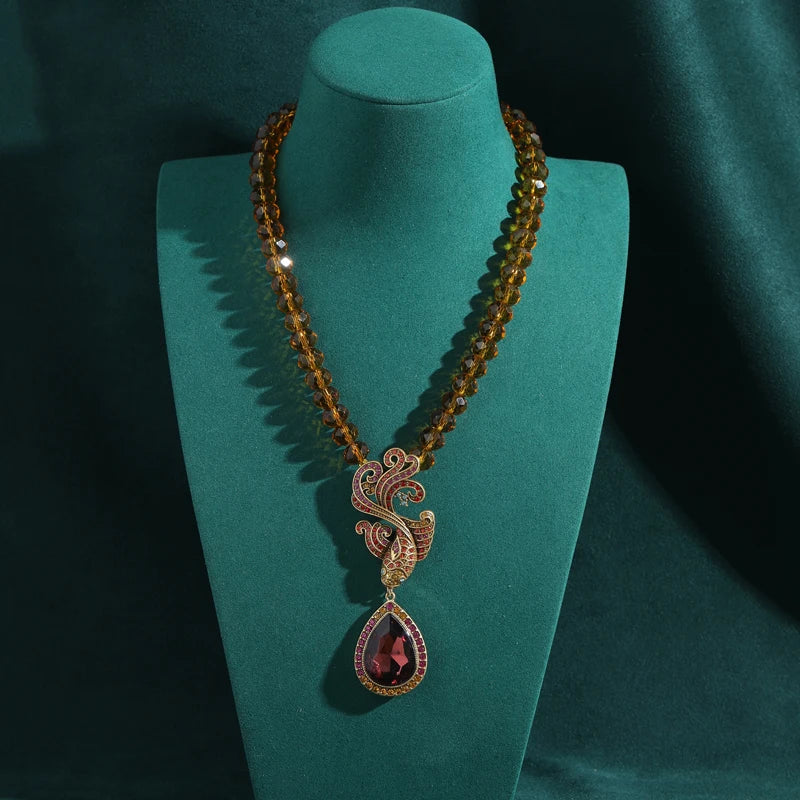 Vintage Purple Crystal Beaded Necklace with Water Drop Pendant