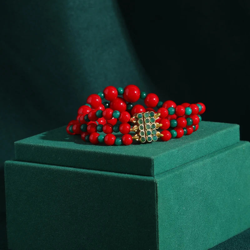 Vintage-Inspired Red & Green Beaded Bracelet – Bohemian Festival Revival