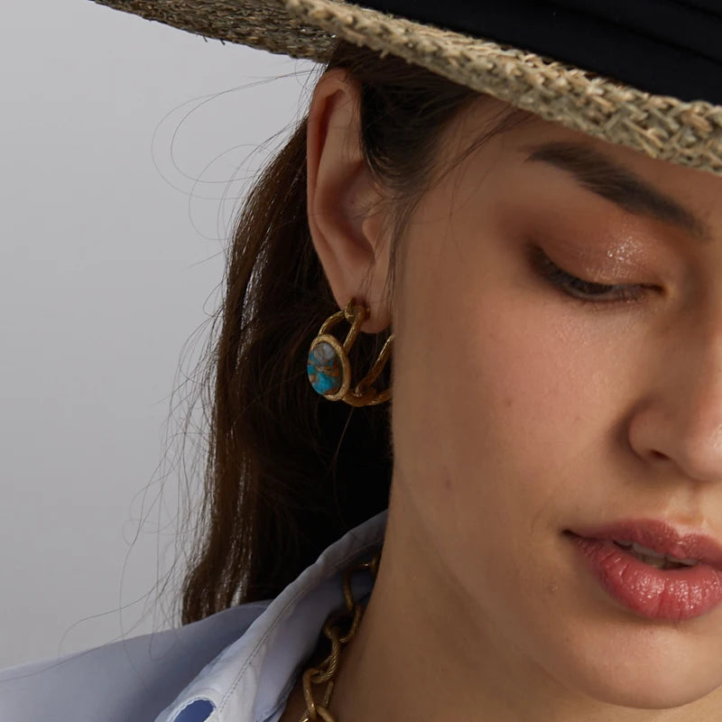 Boho Rococo Nautical Map Jewelry Set – Oval Stone Pendant, Earrings & Ring in Antique Copper