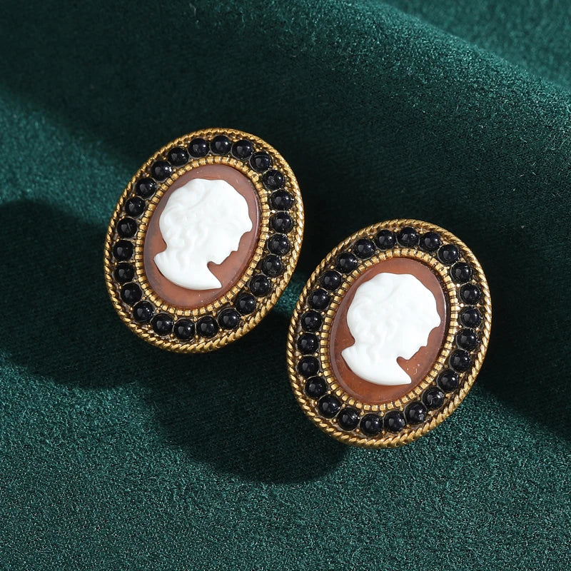 Victorian Black & White Cameo Earrings – Ornate Rhinestone Clip-Ons
