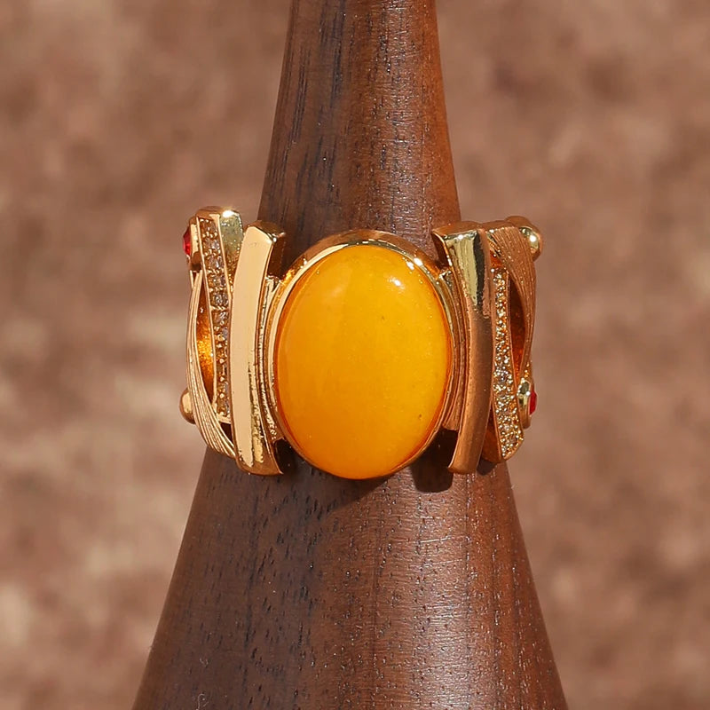 Art Deco Amber Teardrop Ring – 18K Gold-Plated