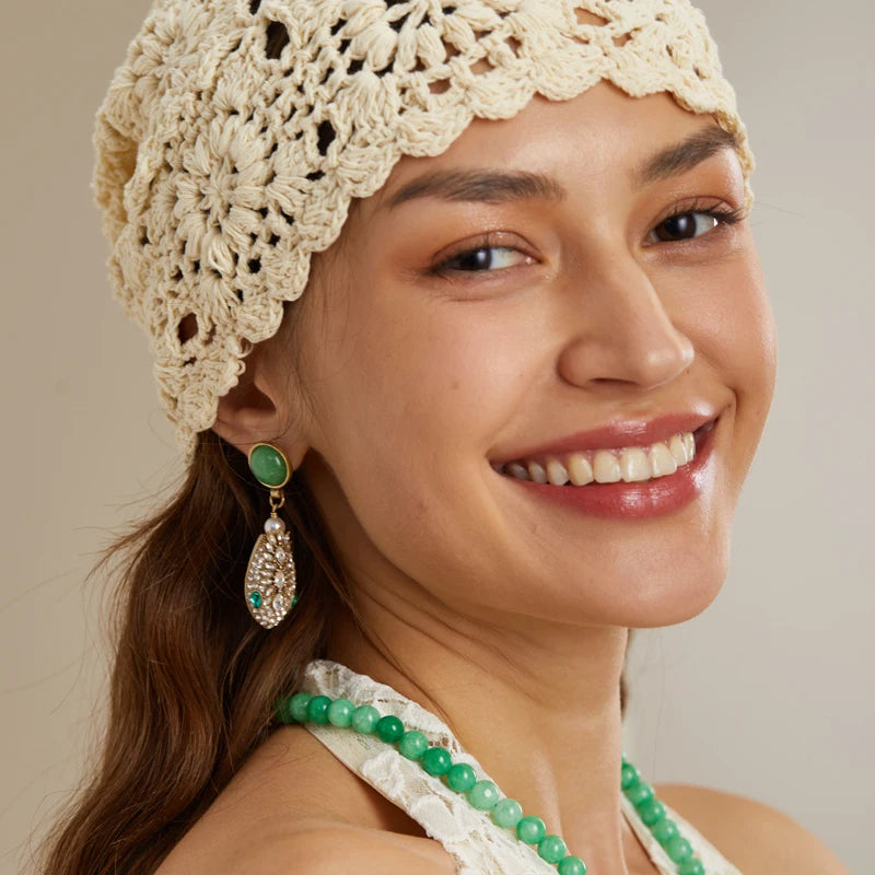 Vintage Snake Head Earrings – Green Crystal Drop