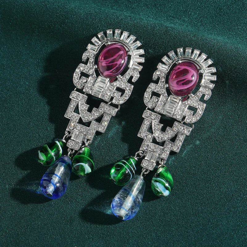 1950s Retro Hollywood Waterdrop Earrings – Purple Glass & Zircon Statement Pair