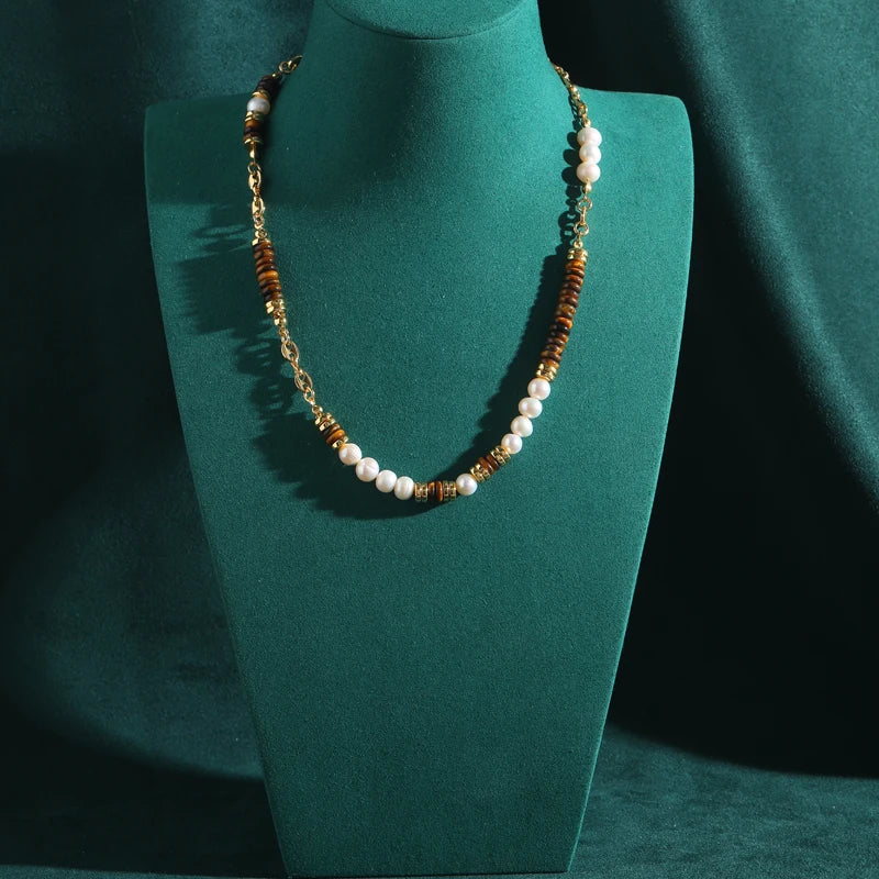 Vintage Pearl & Tiger Eye Beaded Choker Necklace