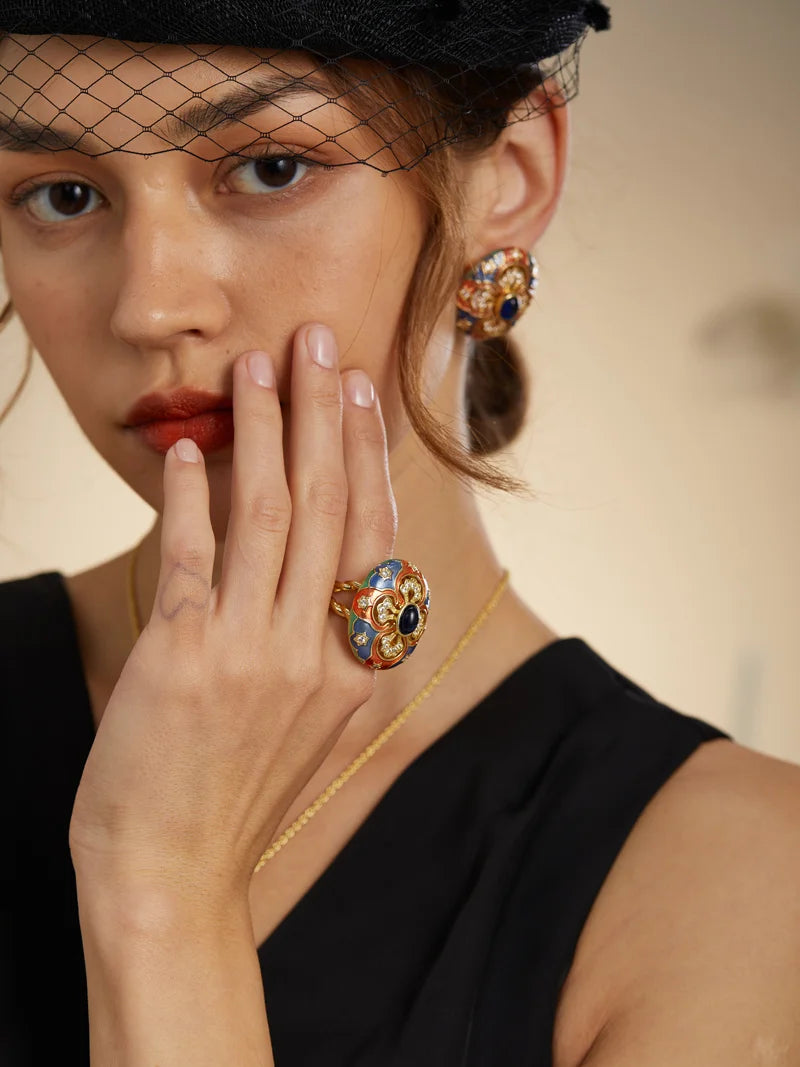 Art Deco Oval Enamel Earrings – Carved Floral Studs with Blue Glaze