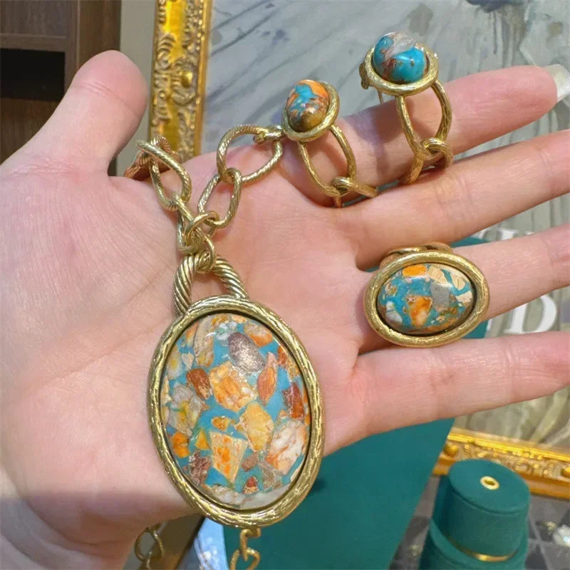 Boho Rococo Nautical Map Jewelry Set – Oval Stone Pendant, Earrings & Ring in Antique Copper