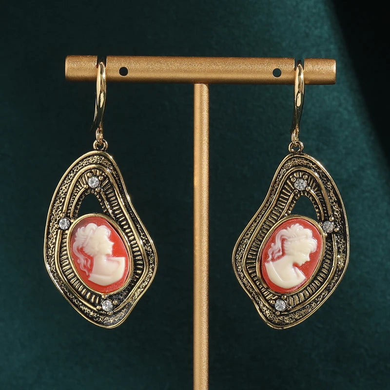 Victorian Dopamine Pink Cameo Drop Earrings – Ornate Gold Hook Dangles