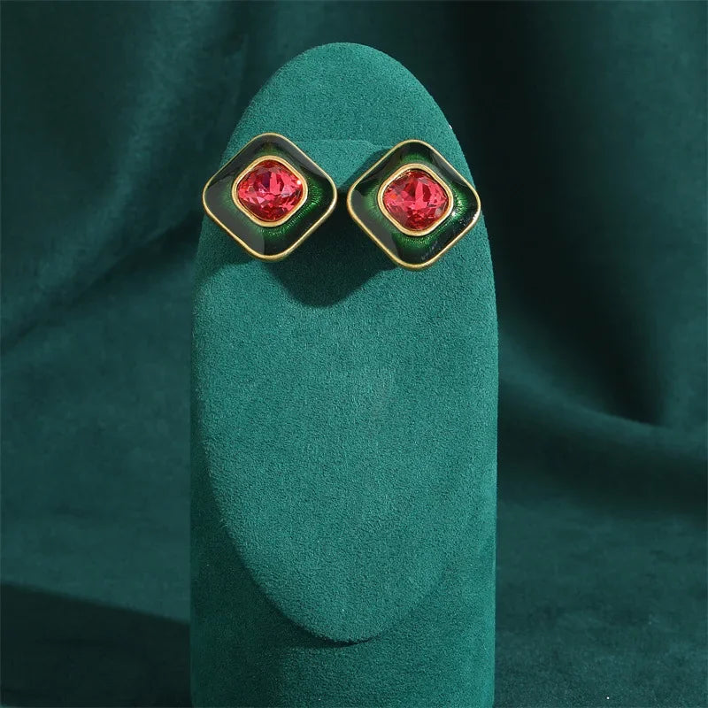 80s Power Glam Pink Crystal Square Stud Earrings – Enamel Sugar Statement Pair