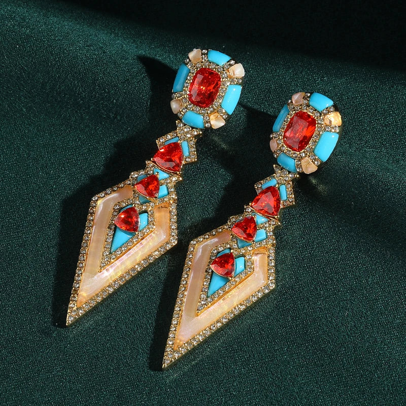 80s Power Glam Red & Blue Triangle Drop Earrings – Geometric Statement Pair