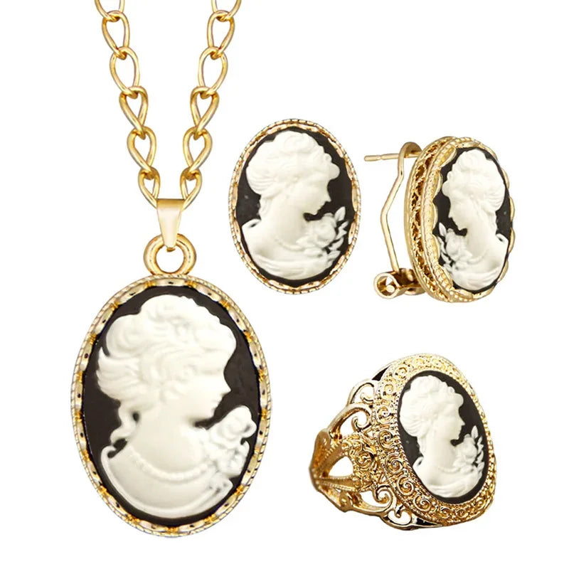 Lady Queen Cameo Jewelry Set (Necklace, Earrings & Ring)