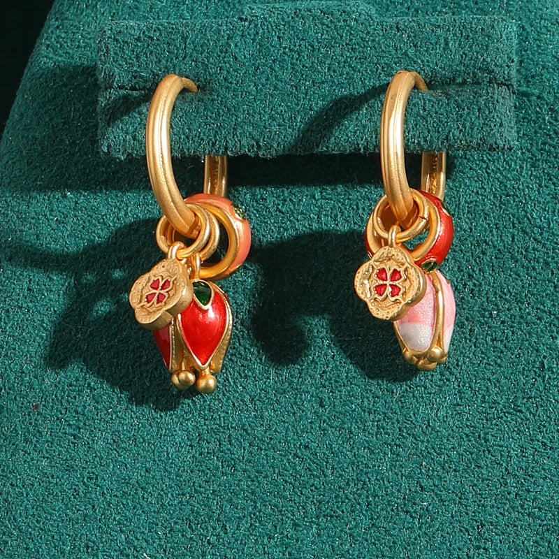 Vintage Gold & Enamel Tulip Drop Hoop Earrings - Natural Stone Accents