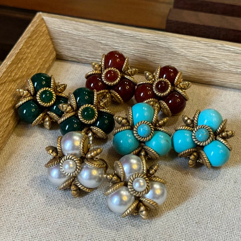 Art Deco Red Glazed Leaf Earrings – Triple Studs with Gold-Toned Floral Detail