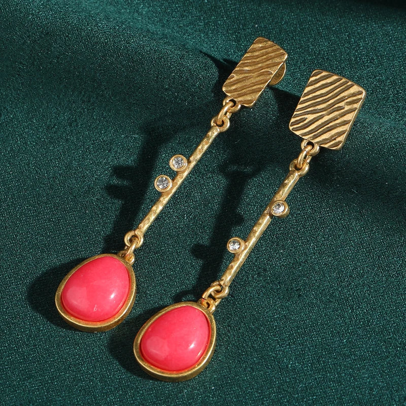 Vintage Red Water Drop Earrings with Natural Stone