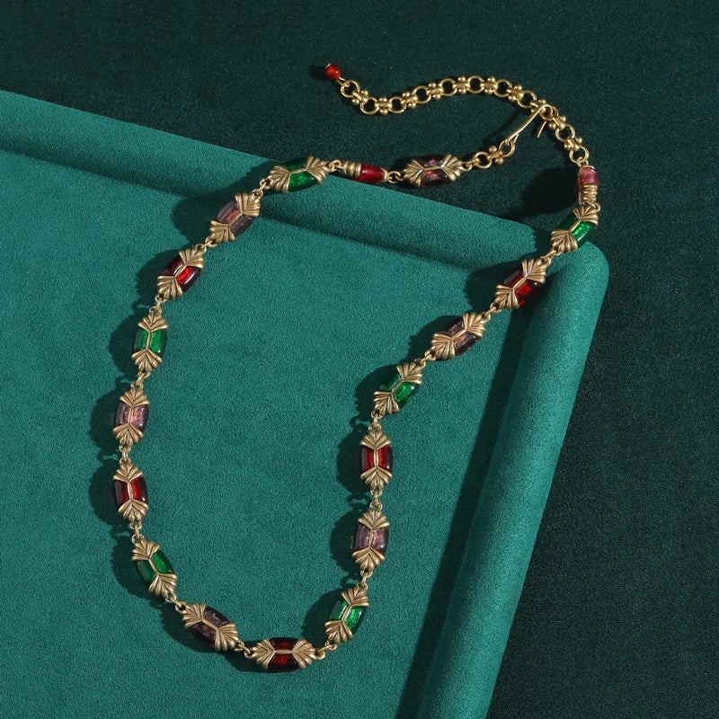 Art Deco Enamel & Natural Stone Choker Necklace – Geometric Beaded Statement