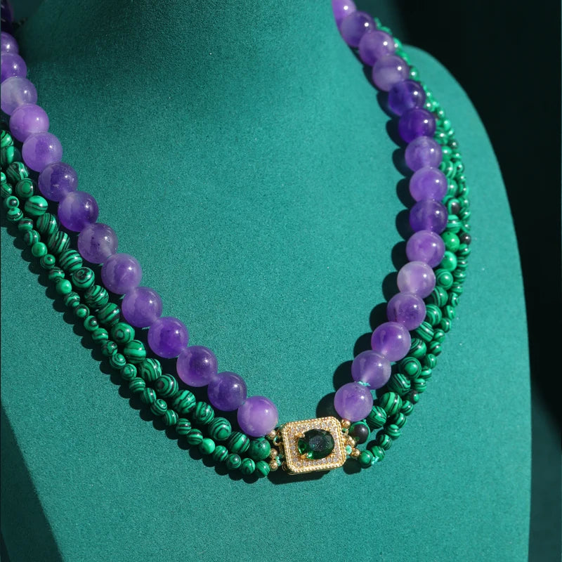 Vintage Green Malachite Beads Necklace – Layered Earth & Crystal Charm