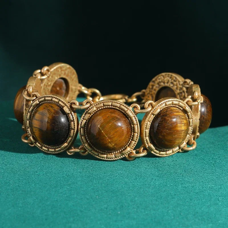 1950s Retro Hollywood Tiger Eye Bracelet – Gold-Plated Round Statement
