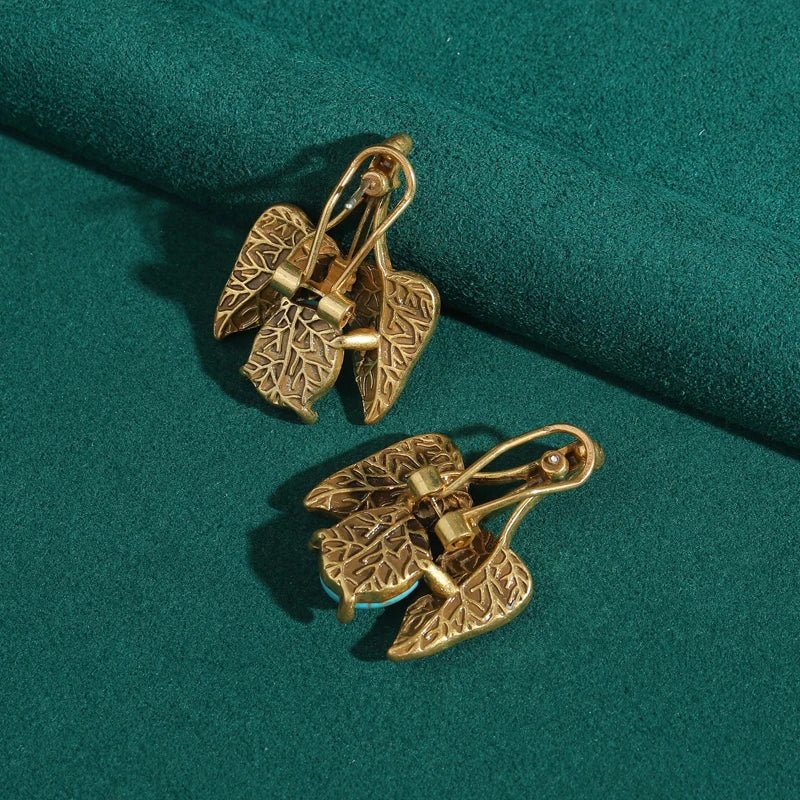 Vintage Turquoise Leaf Drop Earrings – Boho Bloom & Sea Stone Charm