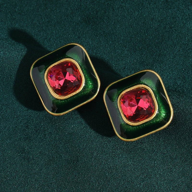 80s Power Glam Pink Crystal Square Stud Earrings – Enamel Sugar Statement Pair