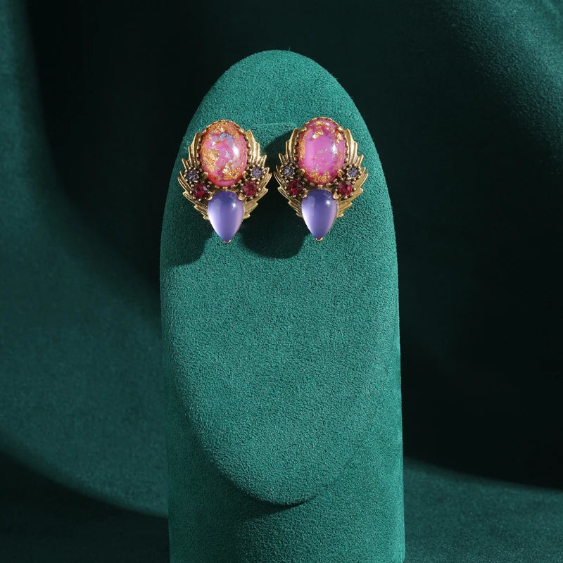 1950s Retro Hollywood Pink & Purple Moonstone Earrings – Foil Flower Waterdrop Studs